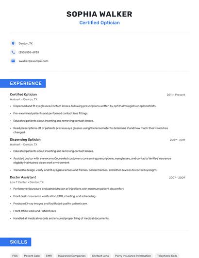 Certified Optician Resume