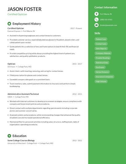 Certified Optician Resume