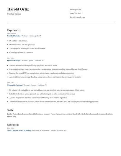 Certified Optician Resume