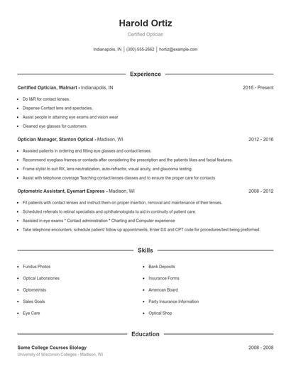Certified Optician Resume