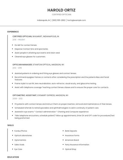 Certified Optician Resume