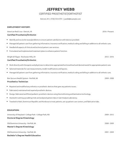 Certified Prosthetist/Orthotist Resume