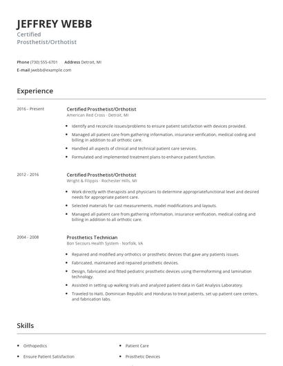 Certified Prosthetist/Orthotist Resume