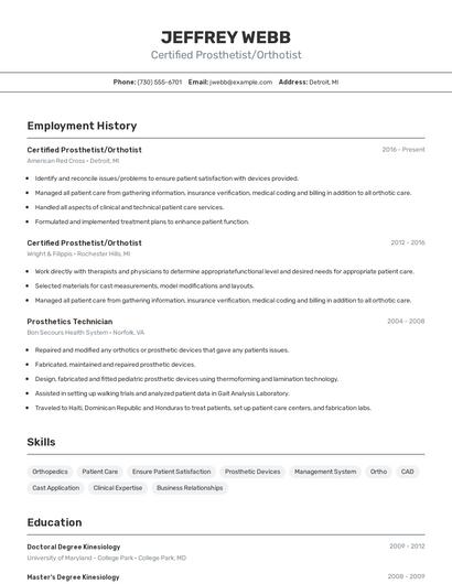 Certified Prosthetist/Orthotist Resume