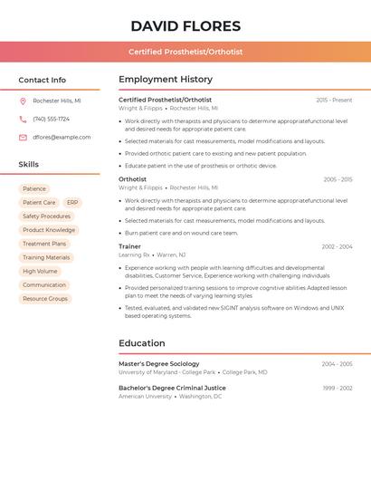 Certified Prosthetist/Orthotist Resume