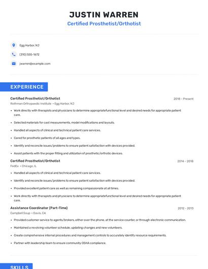 Certified Prosthetist/Orthotist Resume