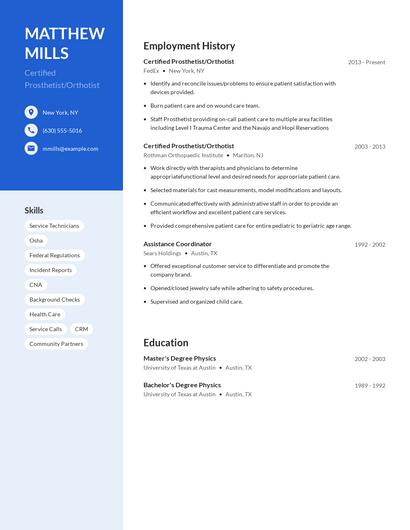 Certified Prosthetist/Orthotist Resume
