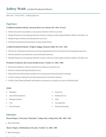 Certified Prosthetist/Orthotist Resume