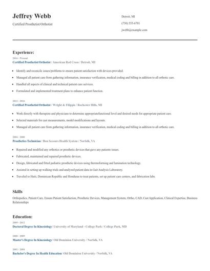 Certified Prosthetist/Orthotist Resume