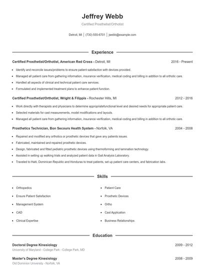 Certified Prosthetist/Orthotist Resume
