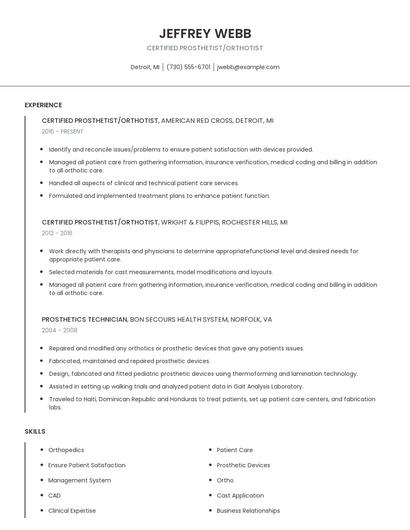 Certified Prosthetist/Orthotist Resume