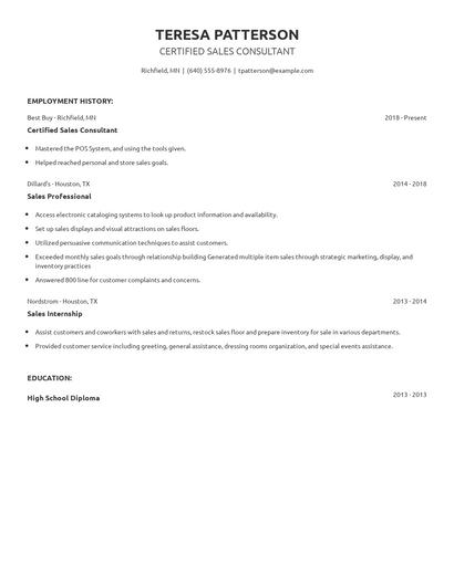 Certified Sales Consultant Resume
