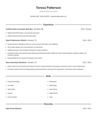 Certified Sales Consultant Resume