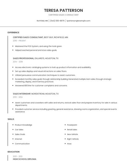 Certified Sales Consultant Resume