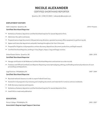 Certified Shorthand Reporter Resume