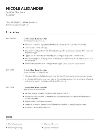 Certified Shorthand Reporter Resume