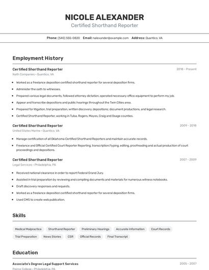 Certified Shorthand Reporter Resume