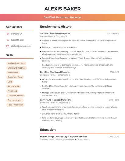 Certified Shorthand Reporter Resume