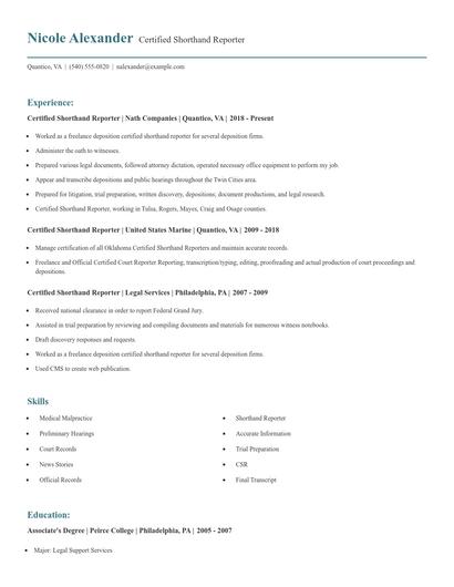 Certified Shorthand Reporter Resume