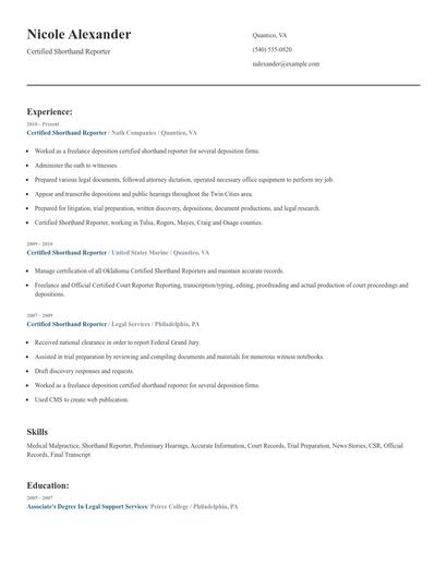 Certified Shorthand Reporter Resume