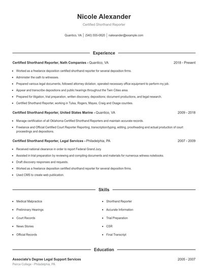 Certified Shorthand Reporter Resume