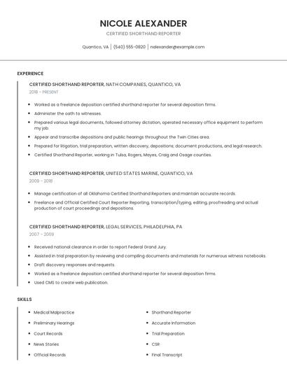 Certified Shorthand Reporter Resume