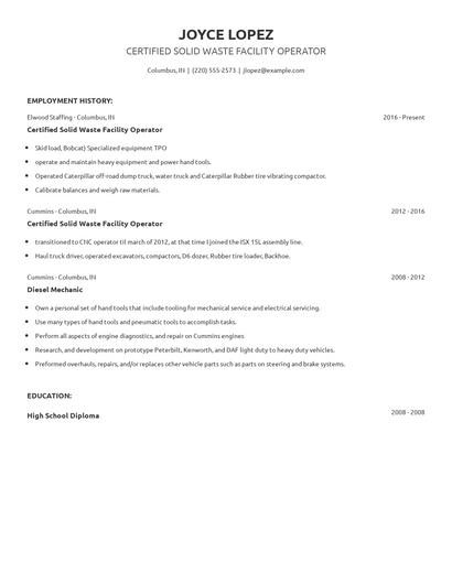 Certified Solid Waste Facility Operator Resume