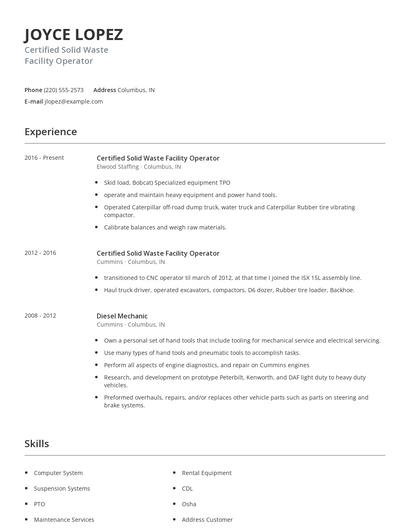 Certified Solid Waste Facility Operator Resume