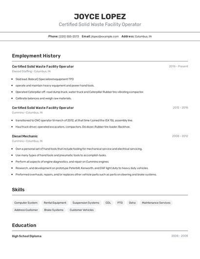 Certified Solid Waste Facility Operator Resume