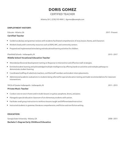 Certified Teacher Resume