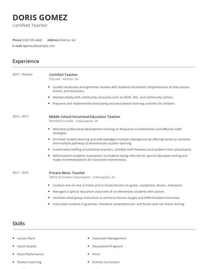 Certified Teacher Resume