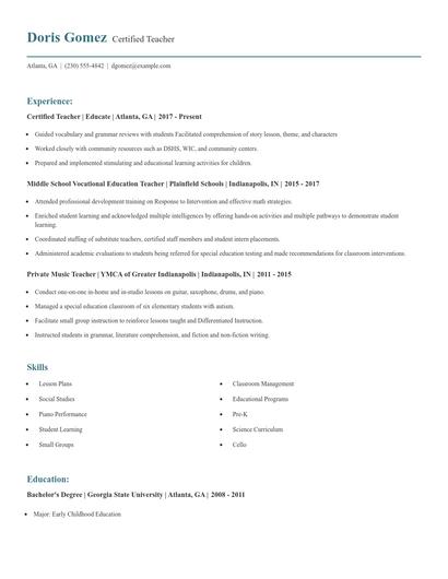 Certified Teacher Resume