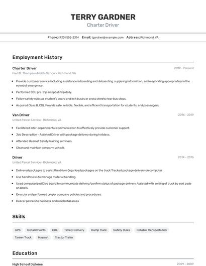 Charter Driver Resume