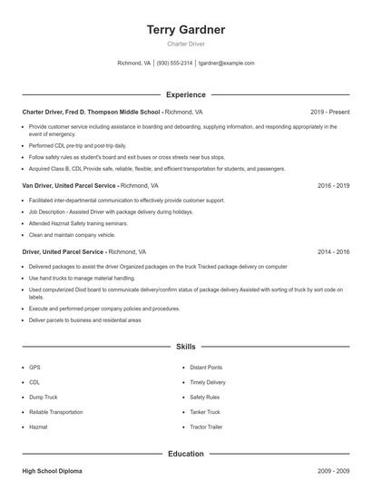 Charter Driver Resume