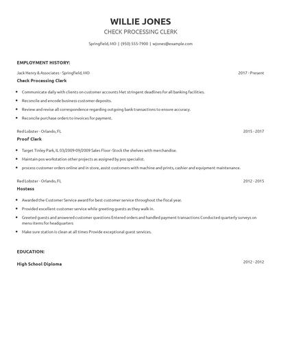 Check Processing Clerk Resume