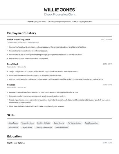 Check Processing Clerk Resume