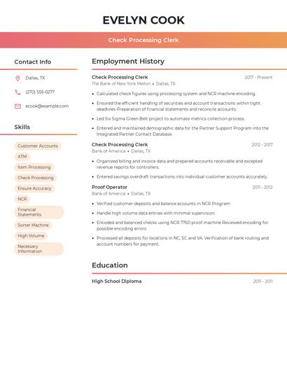 Check Processing Clerk Resume