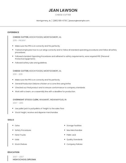 Cheese Cutter Resume