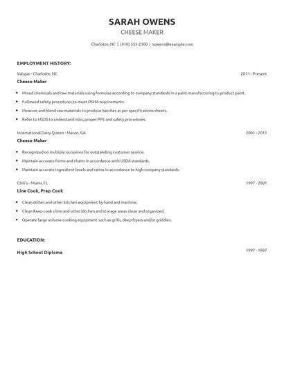 Cheese Maker Resume