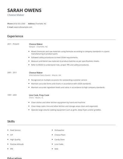 Cheese Maker Resume