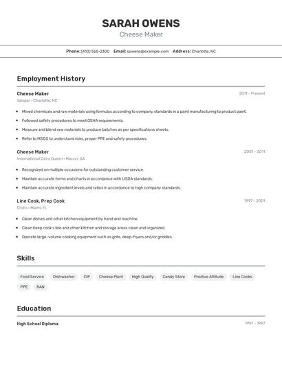 Cheese Maker Resume