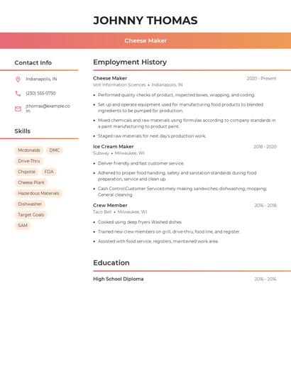 Cheese Maker Resume