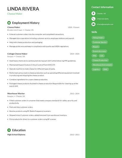 Cheese Maker Resume