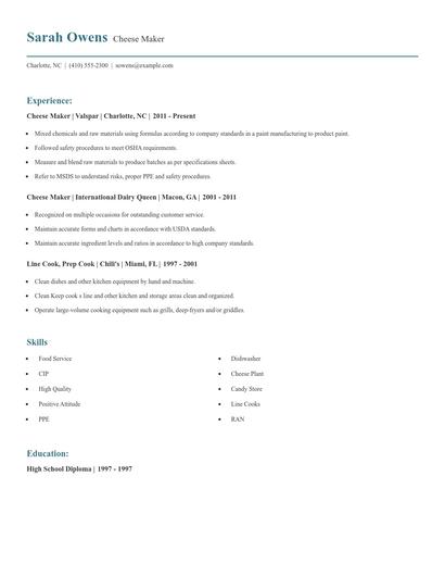 Cheese Maker Resume