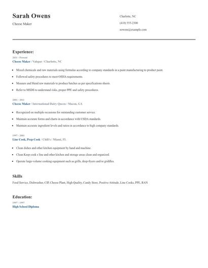 Cheese Maker Resume