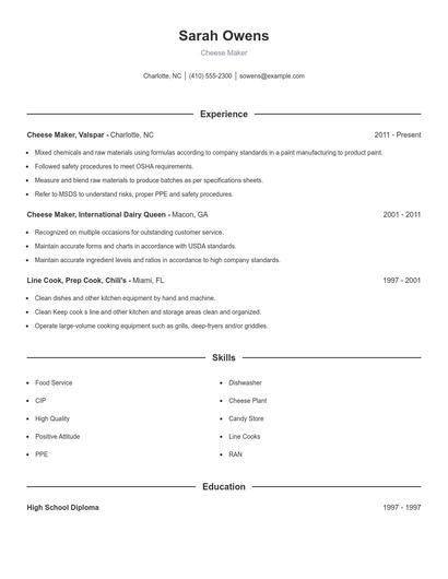 Cheese Maker Resume