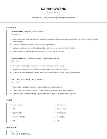 Cheese Maker Resume