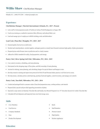 Chef/Kitchen Manager Resume