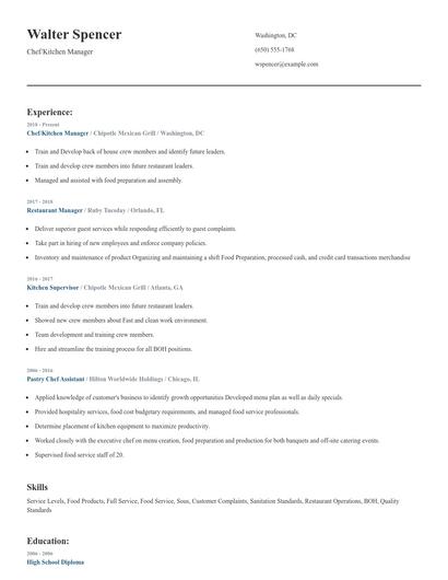 Chef/Kitchen Manager Resume