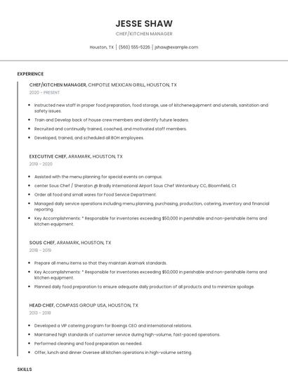 Chef/Kitchen Manager Resume